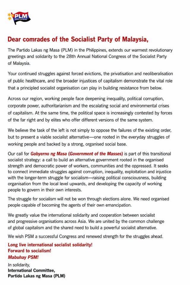 Message to the PSM (Parti Socialis Malaysia) by&nbsp;PLM